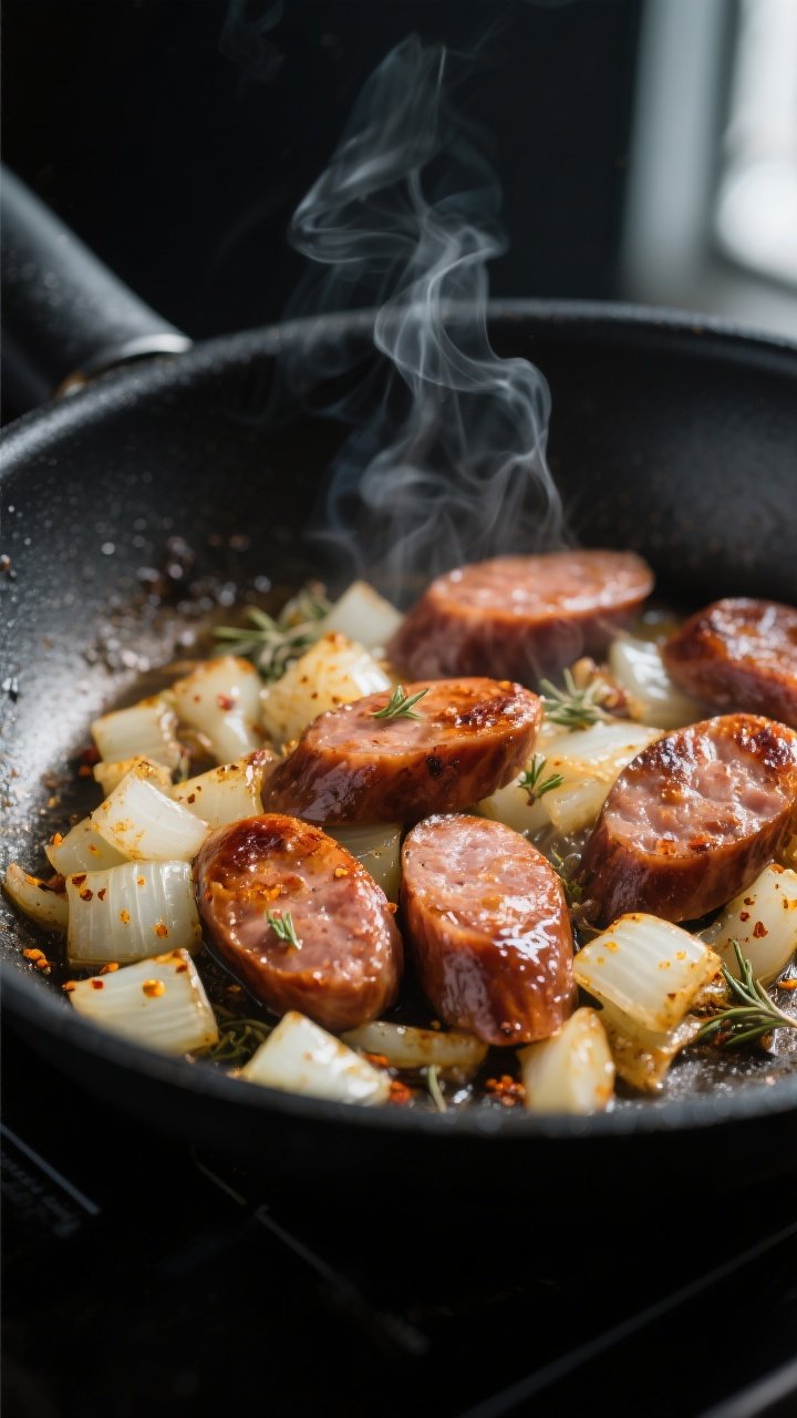 Cooking process, close-up detail: Sizzling slices of browned smoked sausage and diced onions in a la