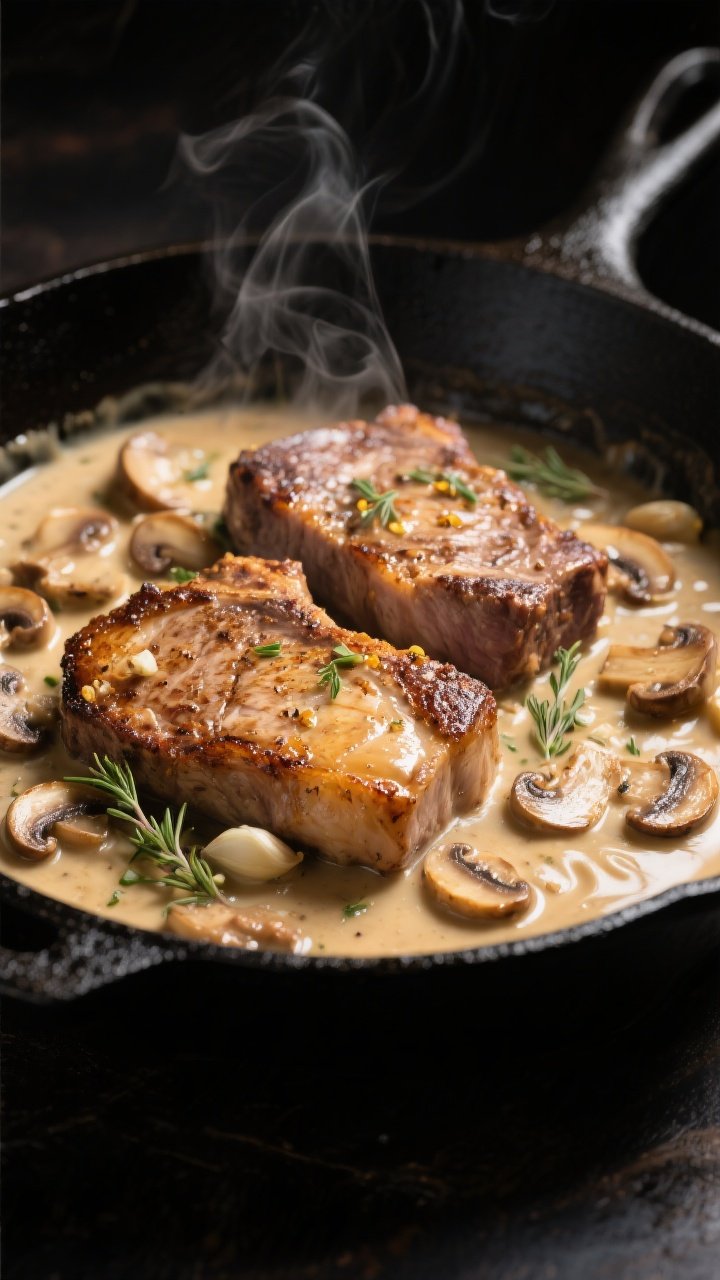 Cooking process close-up: Pork chops being returned to a black cast-iron skillet and gently simmered