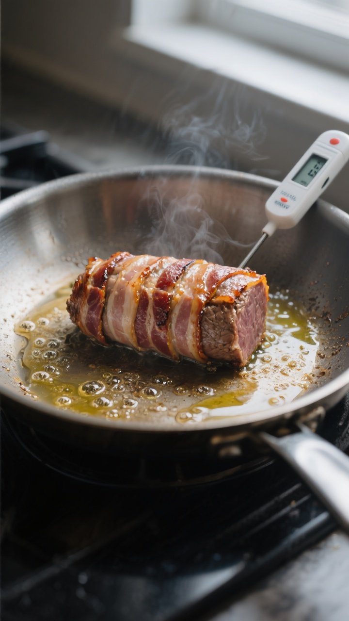 Cooking process: Searing stage in a heavy stainless skillet—bacon-wrapped tenderloin seam-side dow