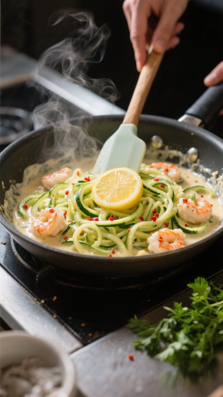 Cooking process shot: zucchini noodles being tossed in the Alfredo sauce in a wide skillet, seafood 
