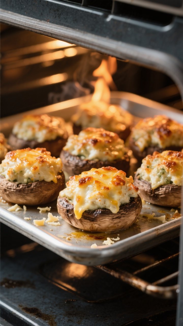 Cooking process: Stuffed mushrooms mid-bake under the broiler for extra browning, shot through the o