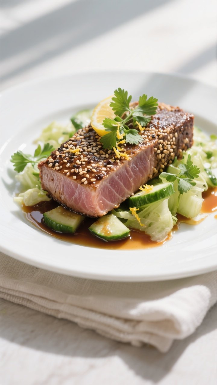 Final dish presentation: Restaurant-quality plating of whole sesame-crusted tuna steak resting on a 