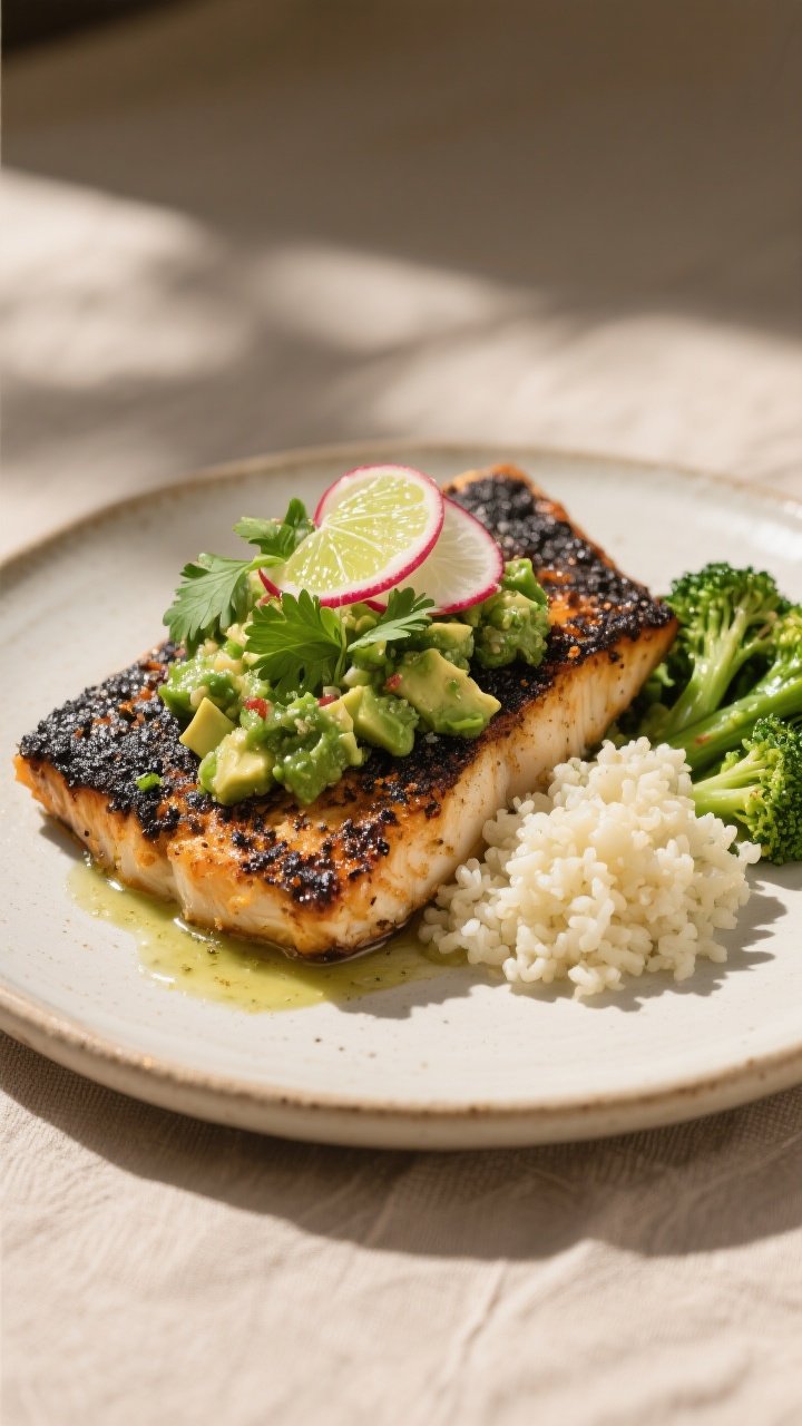 Final dish presentation: Restaurant-quality plating of blackened cod with avocado salsa, squeezed li