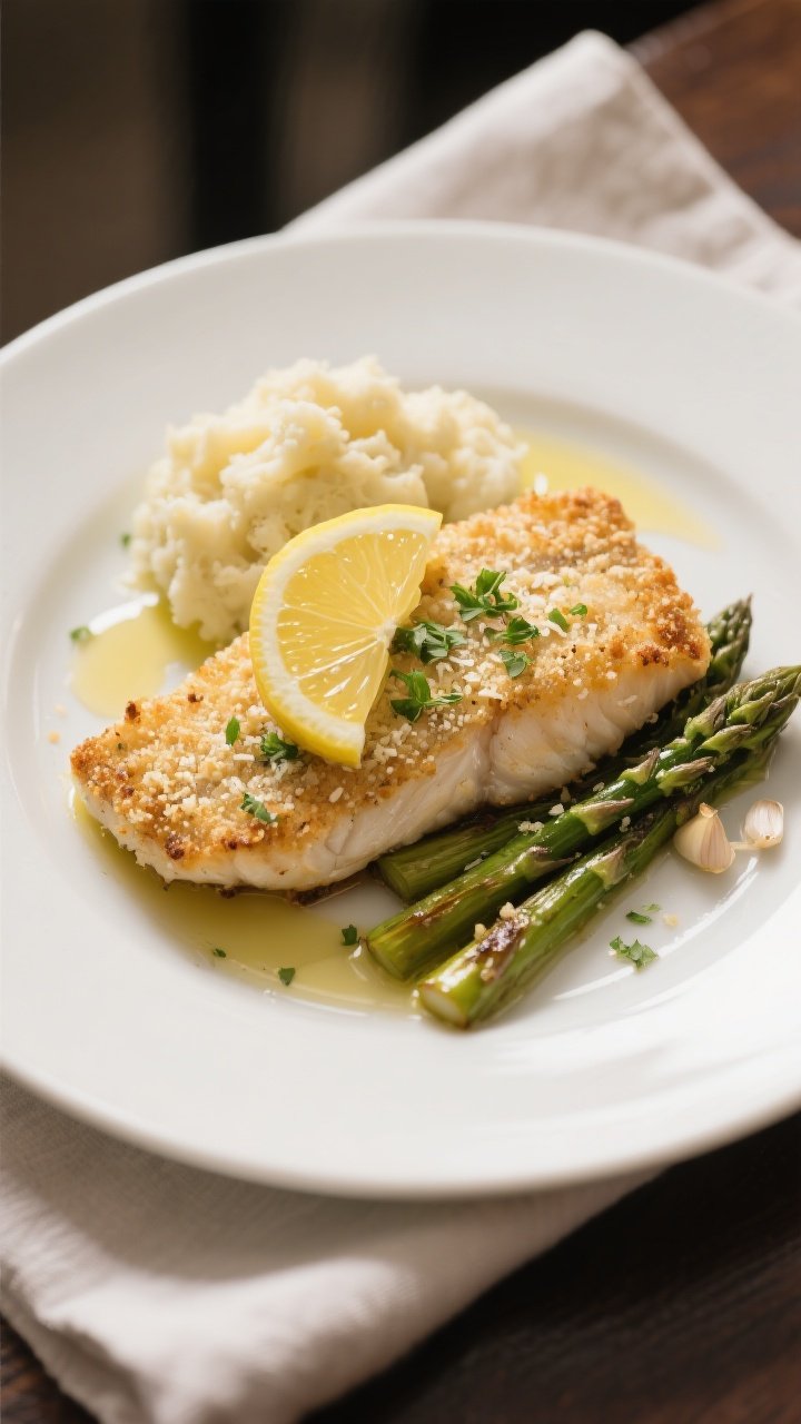 Final plated dish: Beautifully plated Keto Parmesan Crusted Cod on a matte white plate, topped with