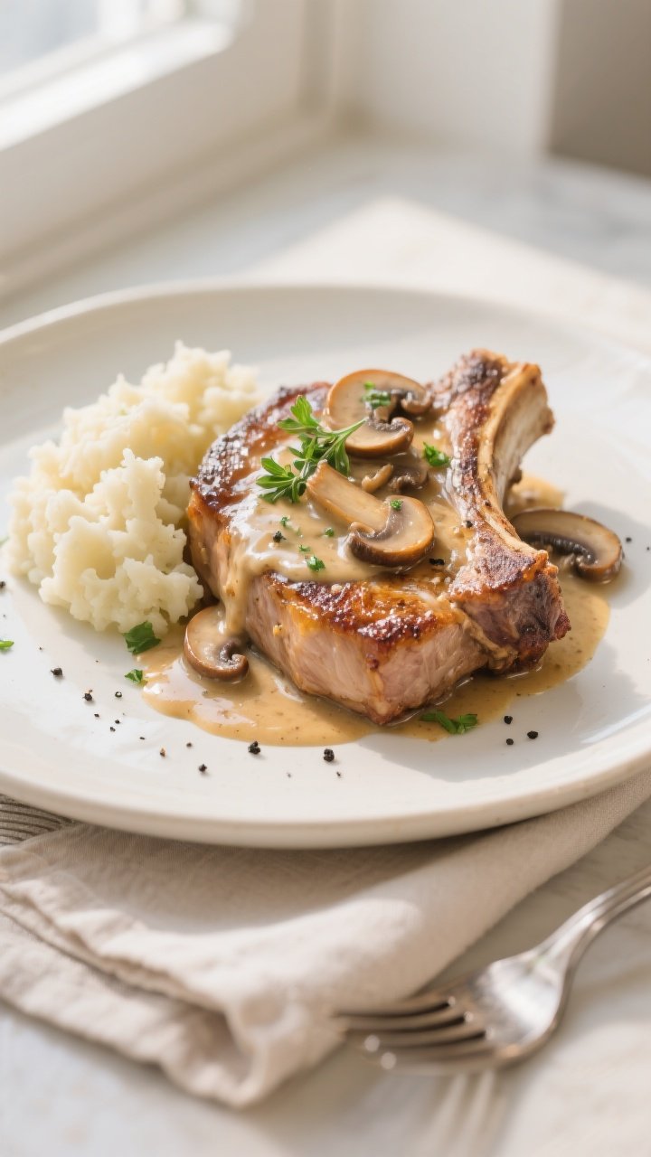 Final plated dish beauty shot: Bone-in pork chop topped with a glossy, velvety mushroom-thyme cream 
