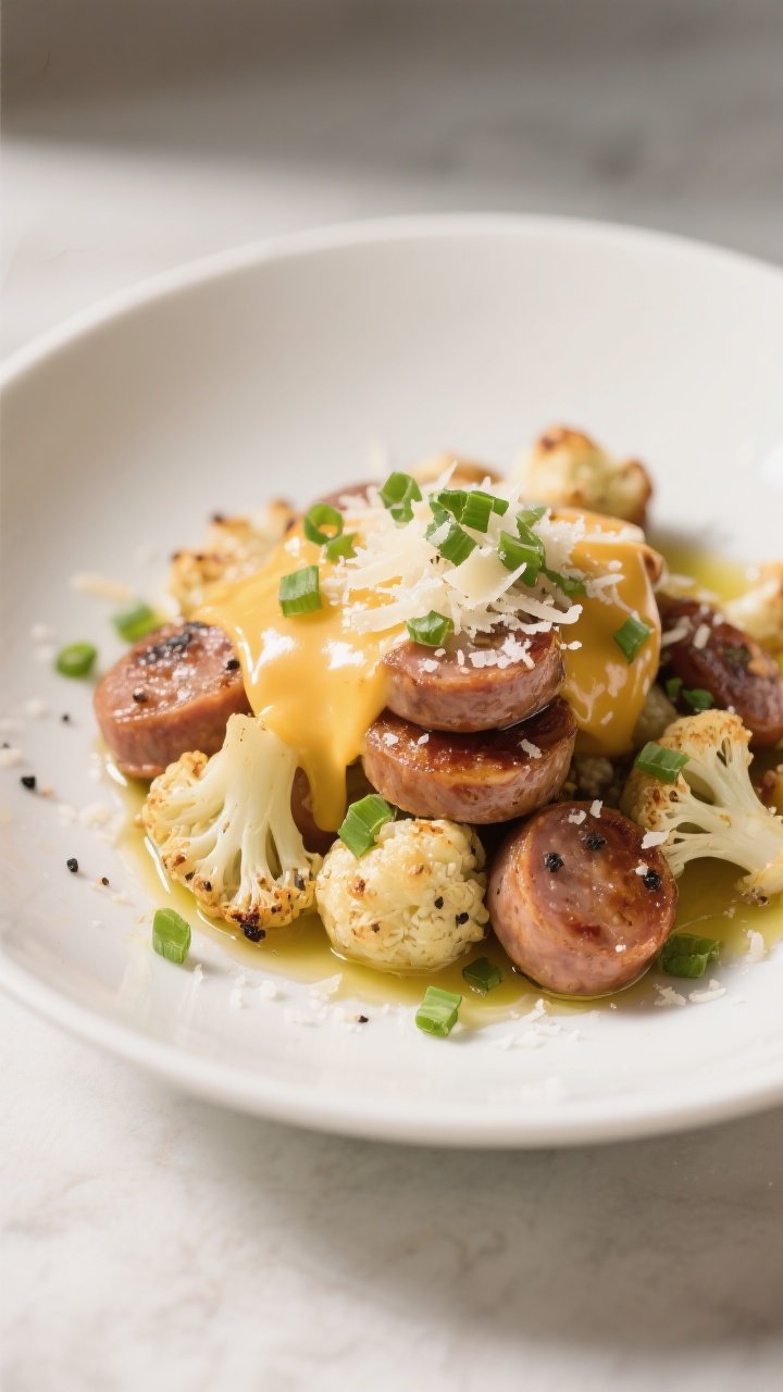 Final plated dish, restaurant-style presentation: Beautifully plated portion of Keto Sausage & Cauli