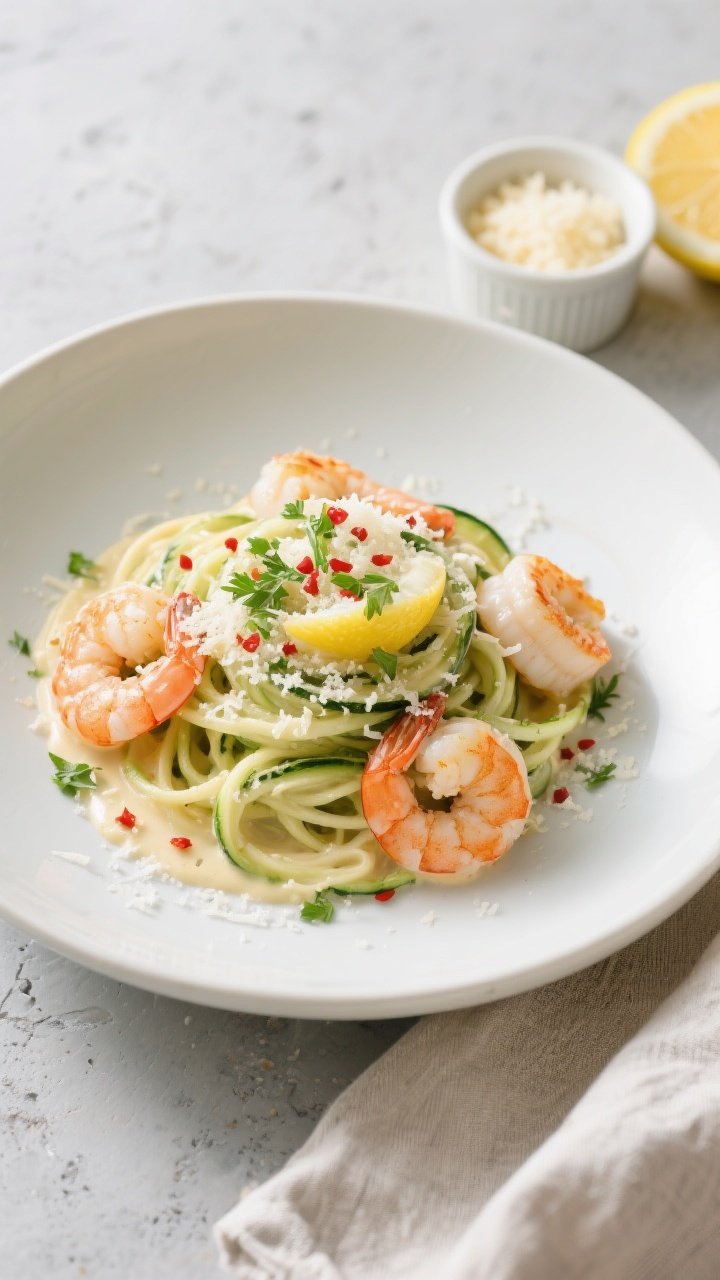 Overhead final presentation: Keto Seafood Alfredo plated in a shallow white bowl—zoodles twirled i