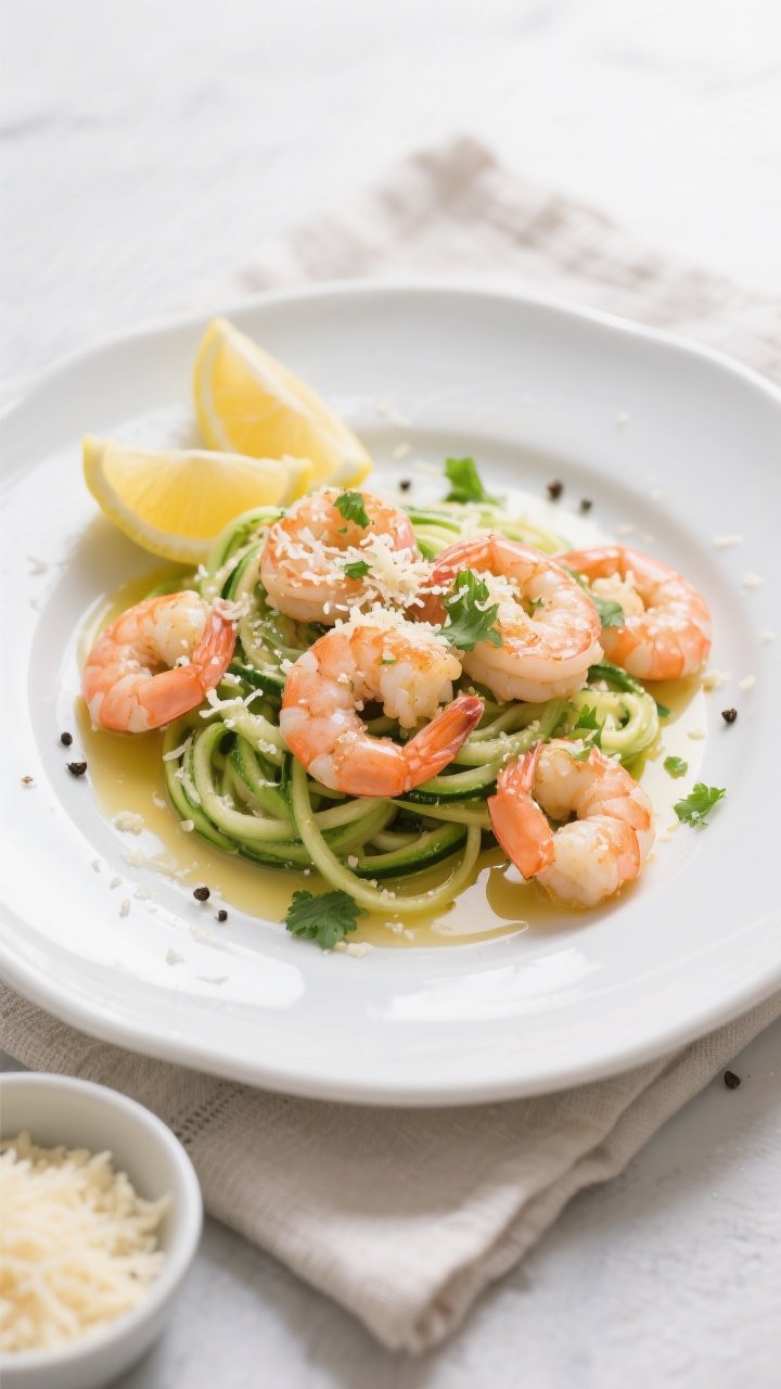Overhead tasty top view: Final plated keto shrimp scampi with zoodles twirled into a loose nest on a