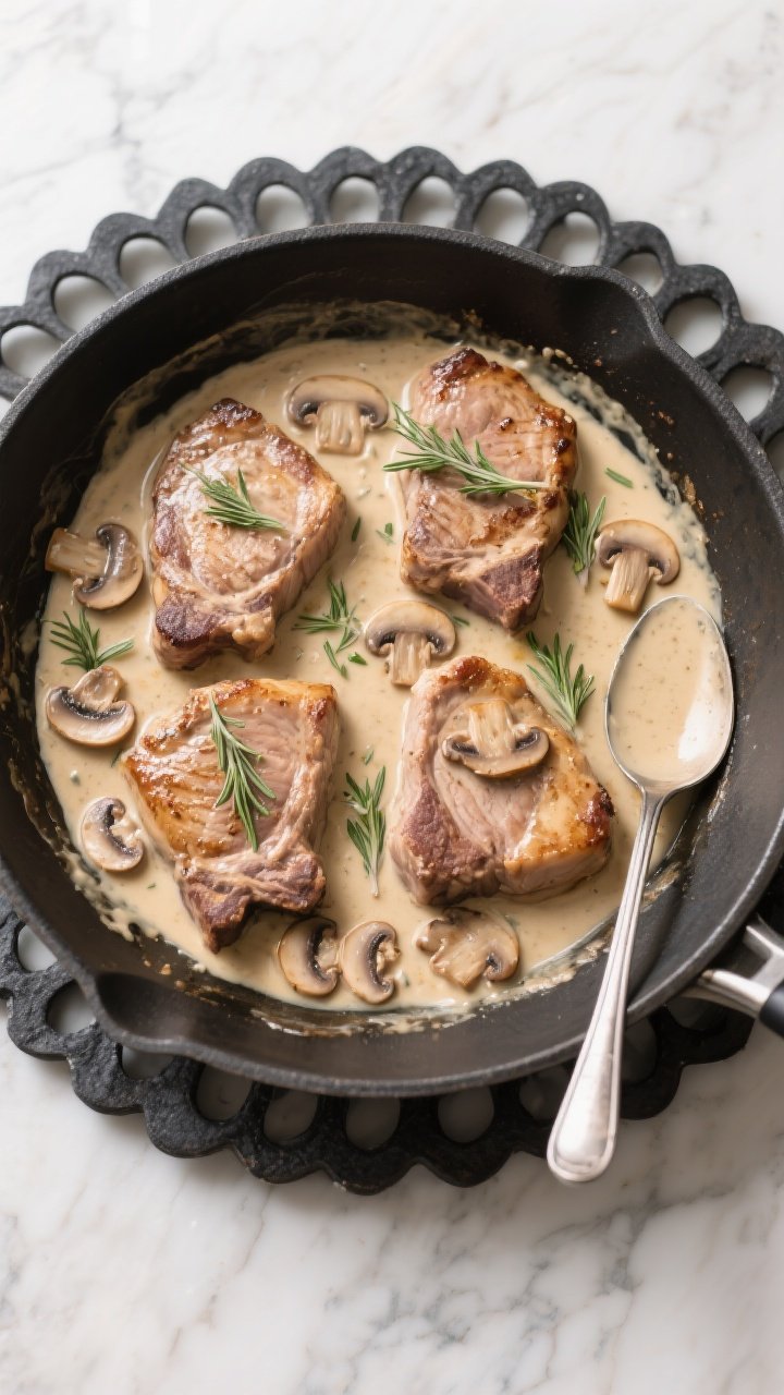 Tasty overhead skillet shot: of the finished keto pork chops in creamy mushroom sauce in a large ski