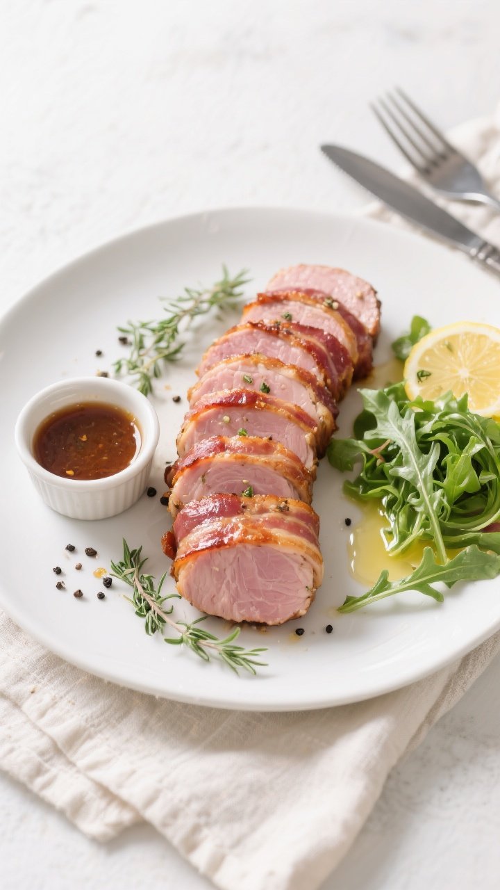 Tasty top view / final plated: Overhead shot of sliced bacon-wrapped pork tenderloin arranged in nea