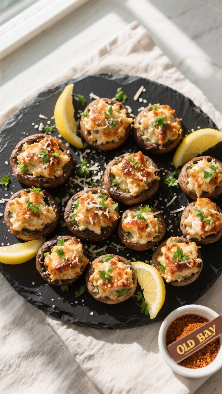 Tasty top view (overhead shot): A platter of finished crab-stuffed mushrooms arranged in a tight cir