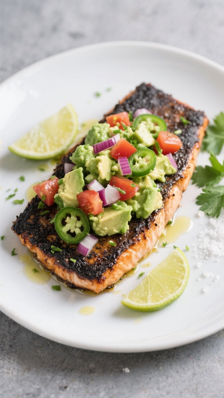 Tasty top view: Overhead shot of keto blackened fish plated with a generous scoop of avocado salsa o