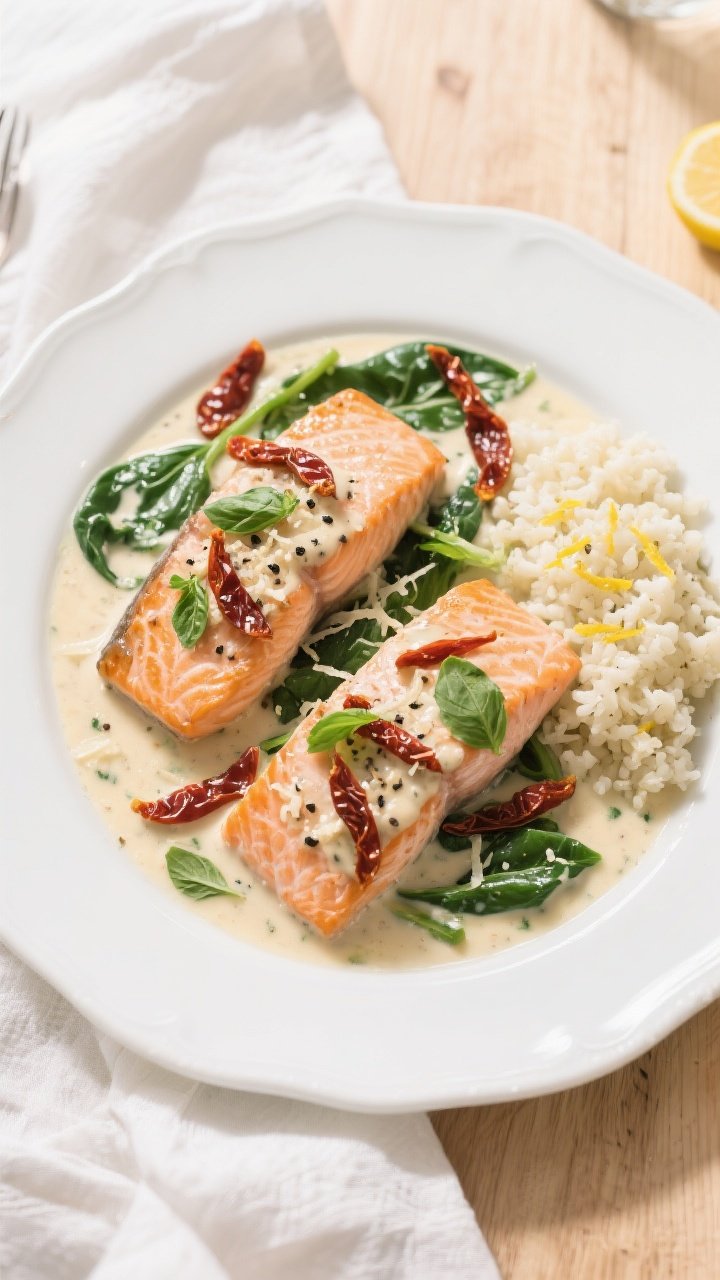 Tasty top view: Overhead shot of Keto Creamy Tuscan Salmon plated—two salmon fillets partially sub